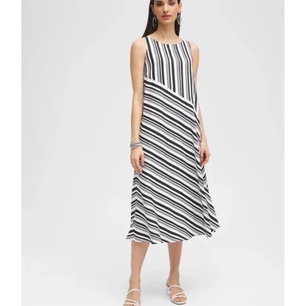 NWOT Chico’s Black Label Asymmetrical Midi Dress Size 12 – Black & White Stripe